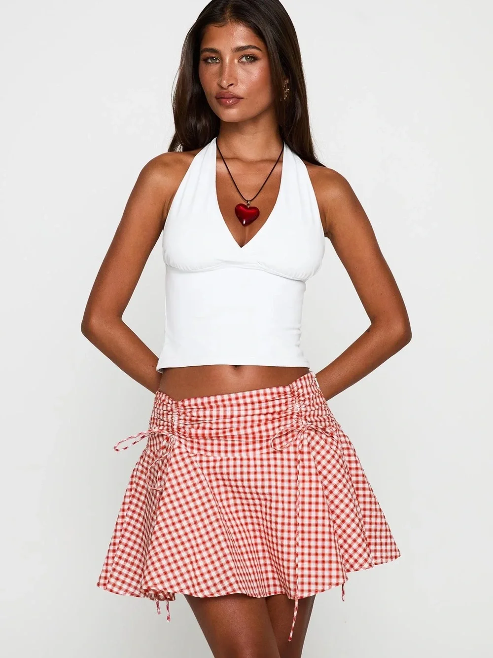 Princess Polly Red & White Gingham Drawstring Skater Skirt - Picture 1 of 6